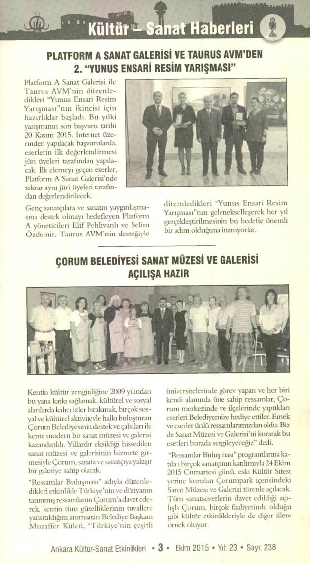 “Platform A Sanat Galerisi ve Taurus AVM’den 2. “Yunus Ensari Resim Yarışması”