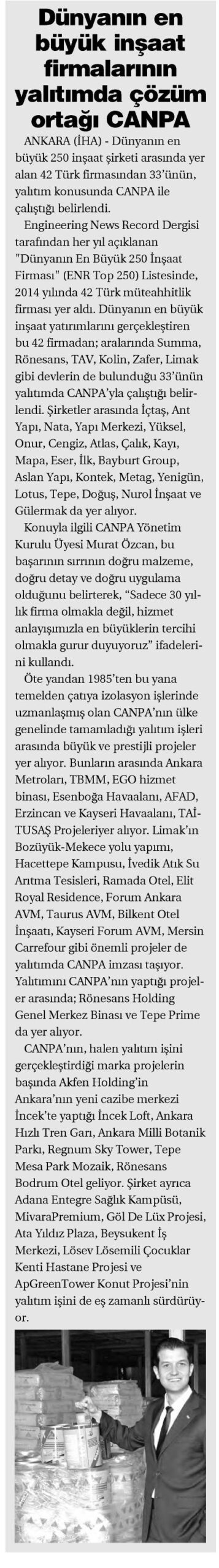 Dünyanın En Büyük İnşaat Firmalarının Yalıtımda Çözüm Ortağı CANPA