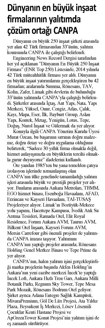 Dünyanın En Büyük İnşaat Firmalarının Yalıtımda Çözüm Ortağı CANPA